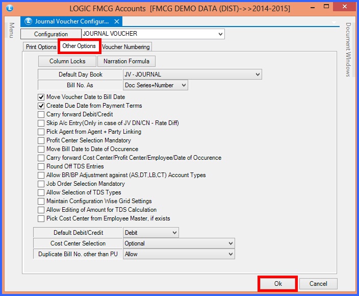 fmcg journal voucher configuration other options